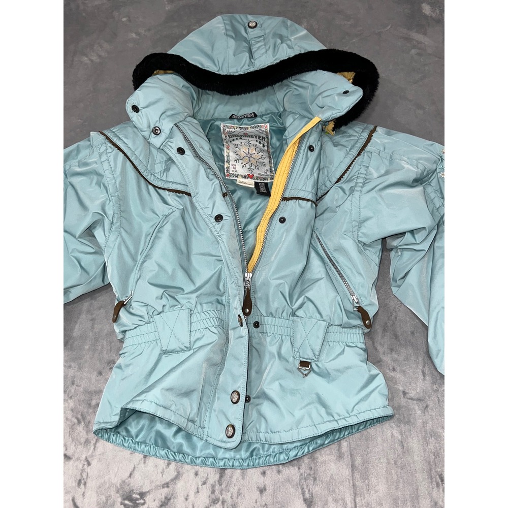 Vintage Obermeyer Ski Jacket Light Blue Embroidered Hooded Winter Coat Womens 10